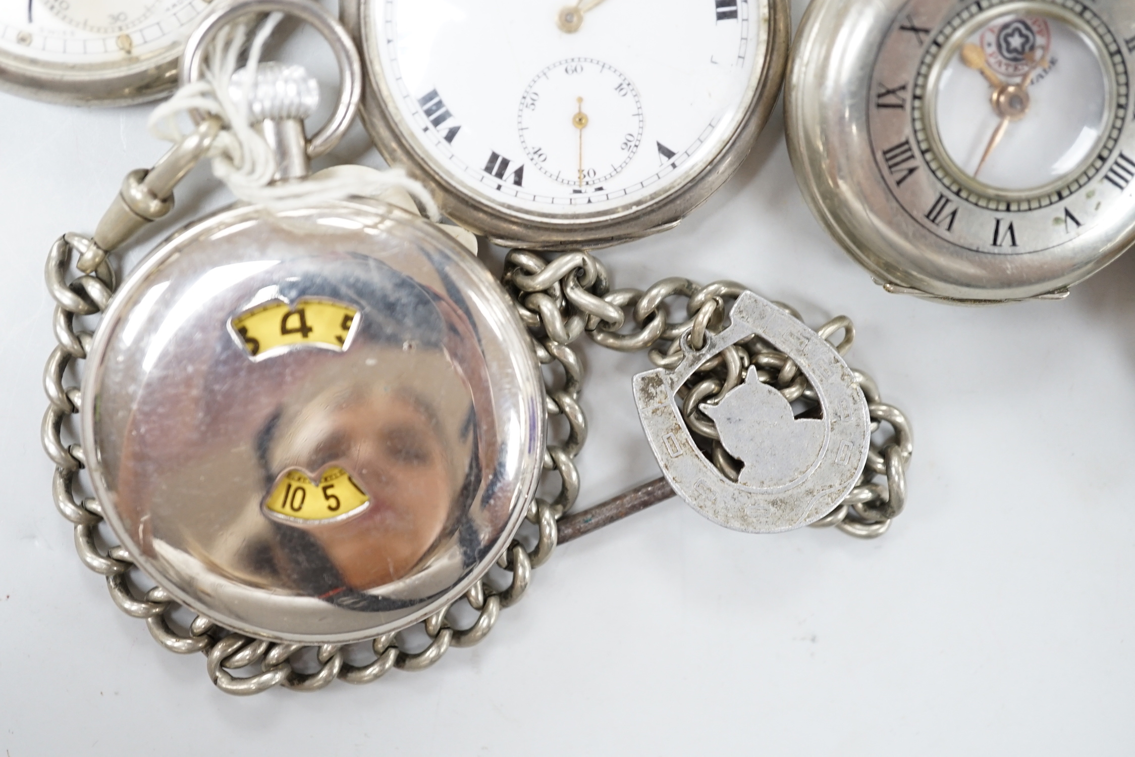 Eight assorted silver or base metal pocket watches including Goliath, Doxa and military black dial.